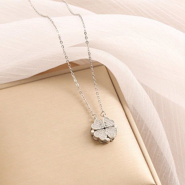 Noble and fashionable heart-to-heart four-leaf clover inlaid with zircon, a two-wear design simple style necklace
