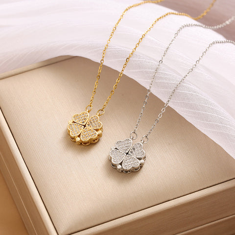 Noble and fashionable heart-to-heart four-leaf clover inlaid with zircon, a two-wear design simple style necklace