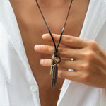 Vintage Fashion Leather Chain with Feather and Cross Design Versatile Pendant Necklace