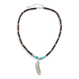 Exquisite and trendy mosaic wooden beads and turquoise with feather design pendant necklace