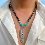 Exquisite and trendy mosaic wooden beads and turquoise with feather design pendant necklace