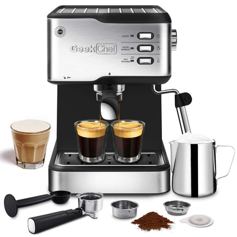 Geek Chef Espresso Machine, Espresso&Cappuccino Latte Maker 20 Bar Coffee Machine Compatible With ESE POD Capsules Filter&Milk Frother Steam Wand, 950W, 1.5L Water Tank,Ban On Amazon, expresso maker, Zogies Deals