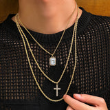 18K gold three-layer stacked with cross design hip-hop necklace