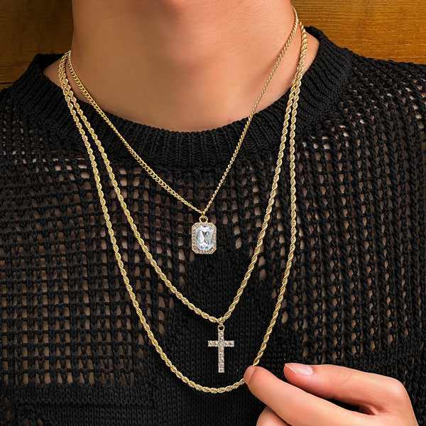 18K gold three-layer stacked with cross design hip-hop necklace