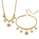 18K Gold Noble Atmosphere Tree of Life and Sun with Turquoise Design Bohemian Necklace Bracelet Set